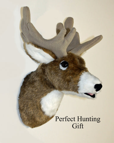 Faux deer head mount with tan and white fur on a white background, Text: 'Perfect Hunting Gift'.
