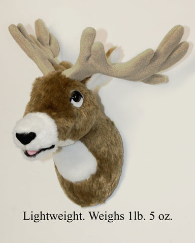 Plush deer head toy on a white background with text indicating weight.
