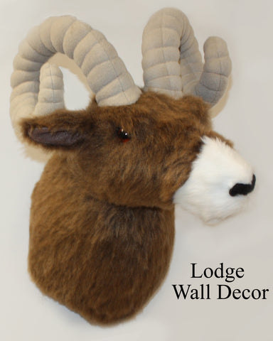 aux fur ram head wall decor with text 'Lodge Wall Decor' on a white background