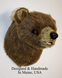 Plush bear head with 'Designed & Handmade In Maine, USA' text on a white background
