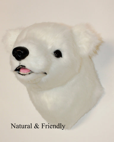 Text: 'Natural & Friendly' medium plush polar bear mount on a white background.