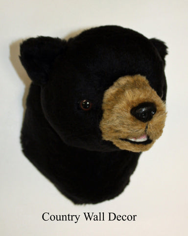 Plush fur black bear head mount on a white background with 'Country Wall Decor' text.