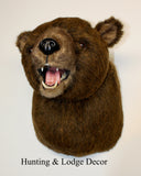 Extra large faux fur bear head mount on a beige background with 'Hunting & Lodge Decor' text.