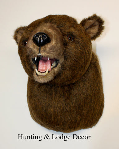 Extra large faux fur bear head mount on a beige background with 'Hunting & Lodge Decor' text.