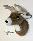 Plush deer head on a white background with 'Small Space Decor' text.