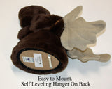 Moose mount back with text re: a self-leveling hanger. On a white background