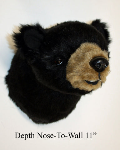 Stuffed bear head mount on a white background with text: Depth Nose-to-wall 11"