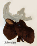 Plush moose head with polar fleece antlers on a white background