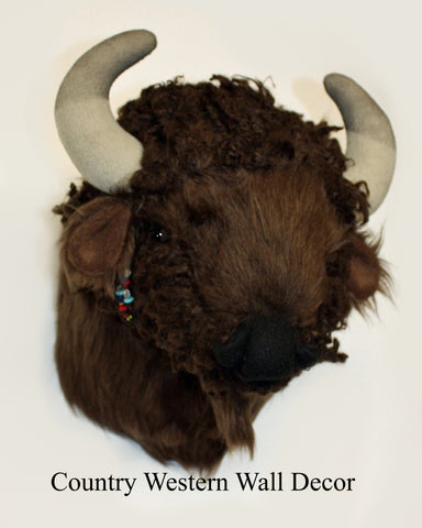 Plush buffalo head on a white background with text 'Country Western Wall Decor'.